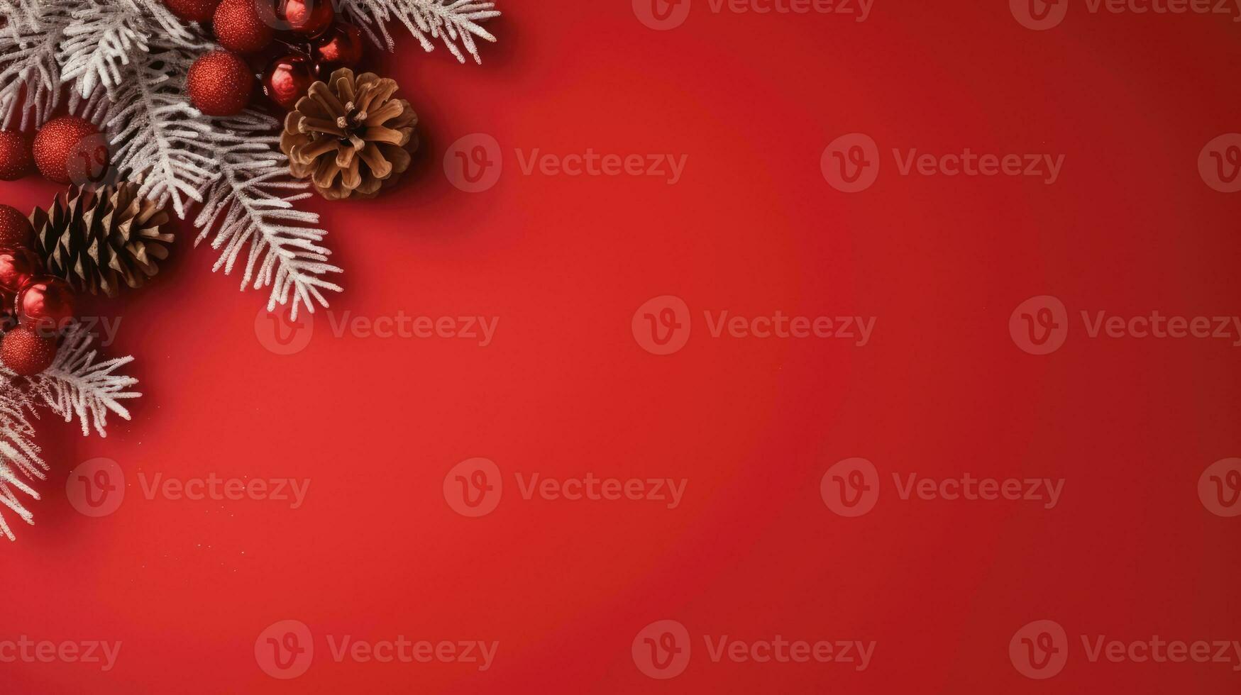 Top view of Christmas decoration on red paper background, Generative AI. photo
