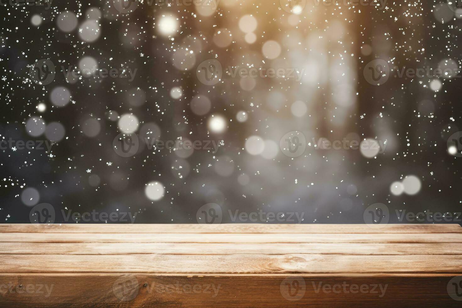 Empty brown wooden table and snow blur background, Christmas and New year concept, Generative AI. photo