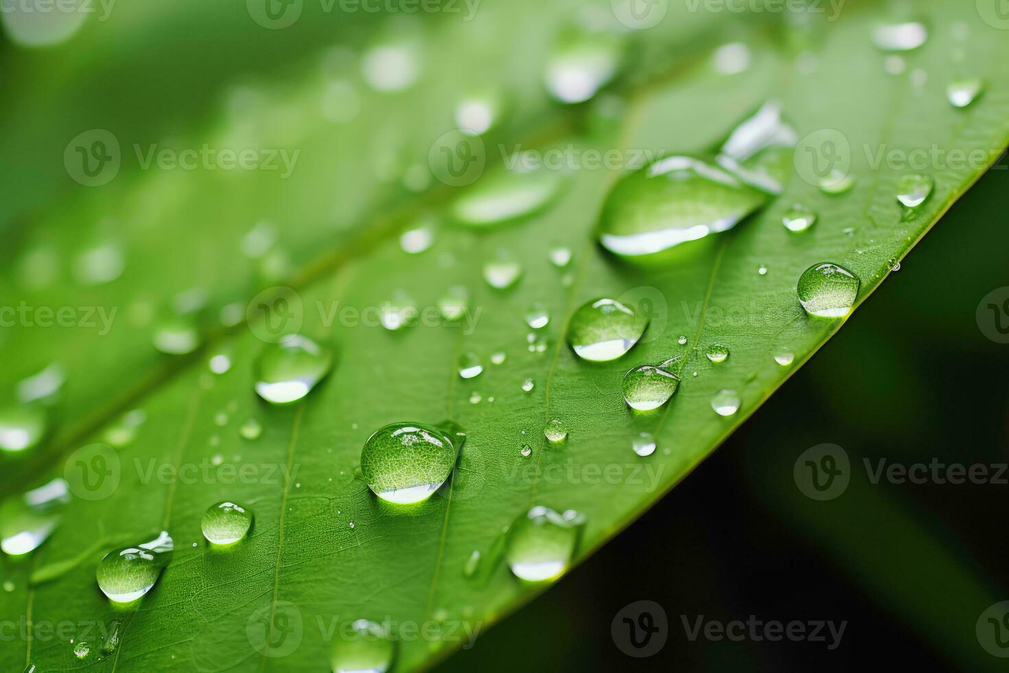 Water droplets on green leaf, Generative AI. photo