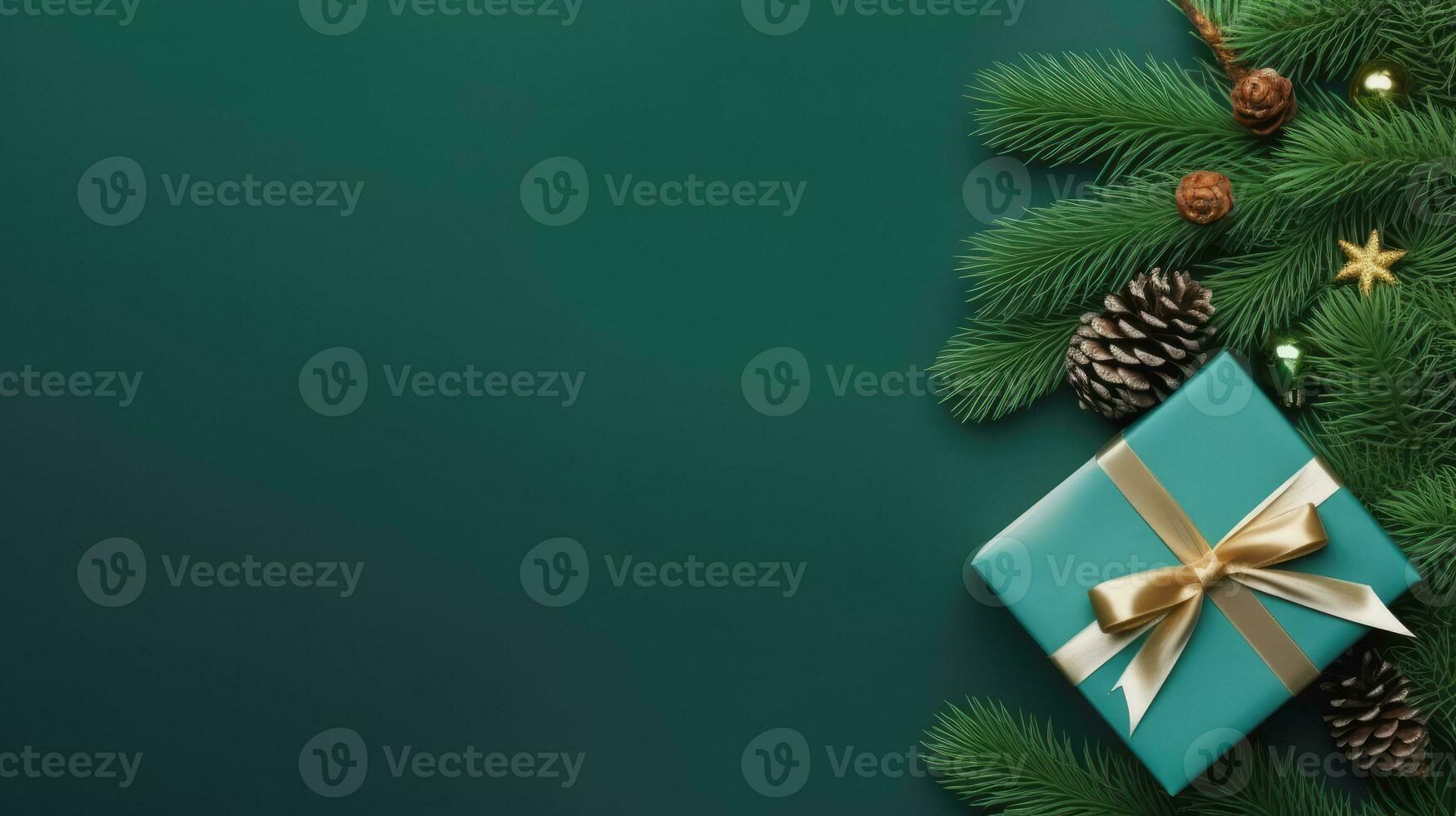 Top view of gift box and christmas decoration on green paper background, Generative AI. photo