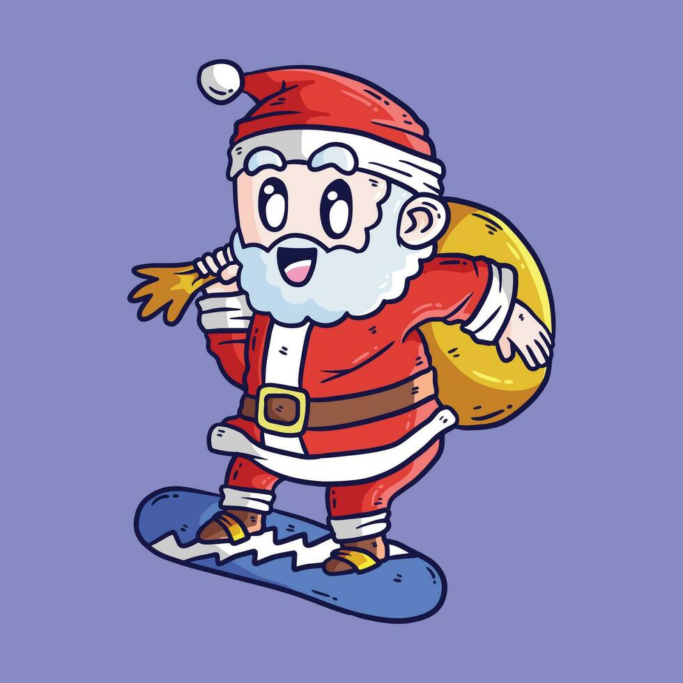 Cute cartoon illustration of Santa claus riding a Snowboard and bring Christmas gifts. Santa Cartoon Vector Illustration