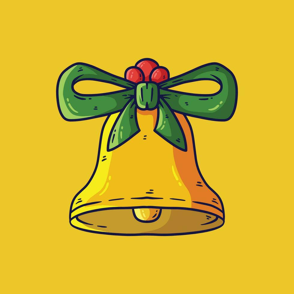 Golden Jingle bells and green ribbon cartoon vector. Cartoon vector illustration. Vector illustration