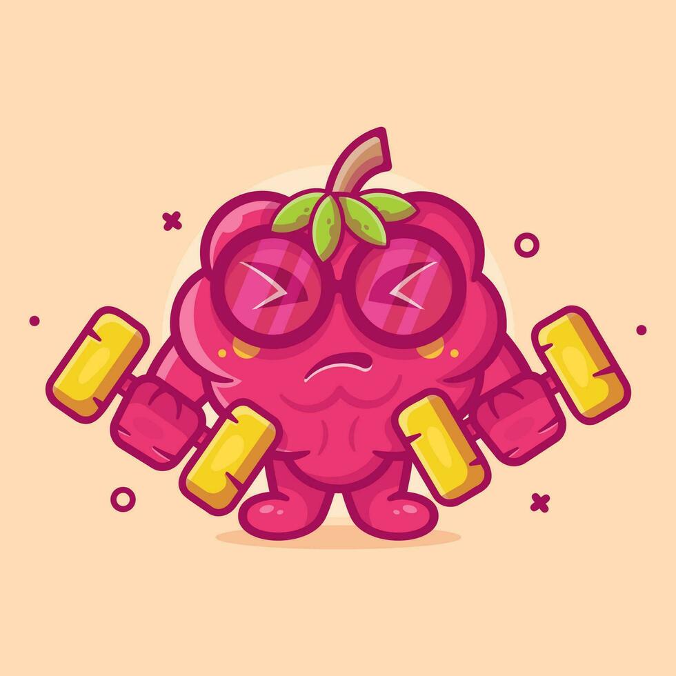 cute raspberry fruit character mascot doing bodybuilding using dumbbell isolated cartoon in flat style design vector