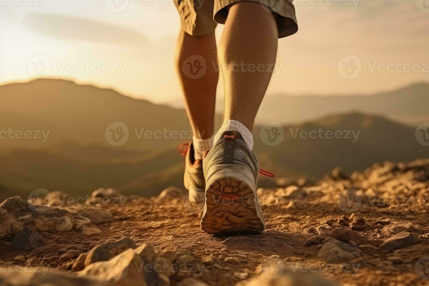 Closeup of man feet run through rocky terrain and mountain background, Generative AI. photo