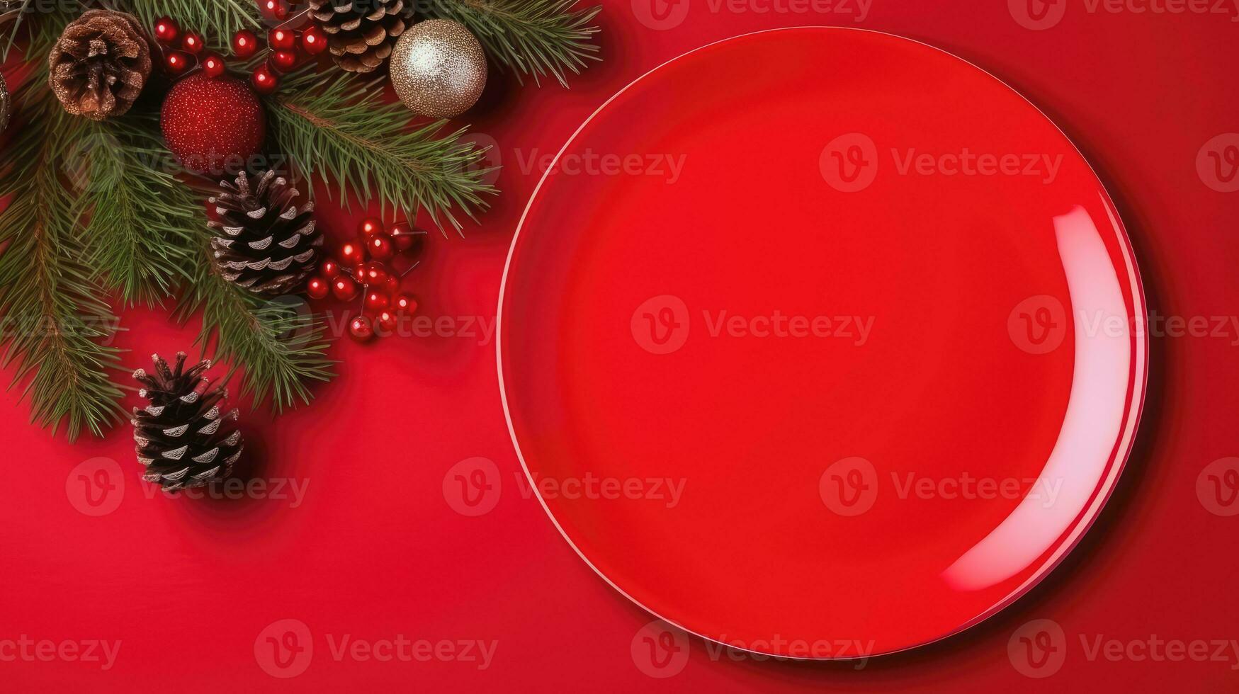 Top view of red dishware and Christmas decoration on background, Generative AI. photo