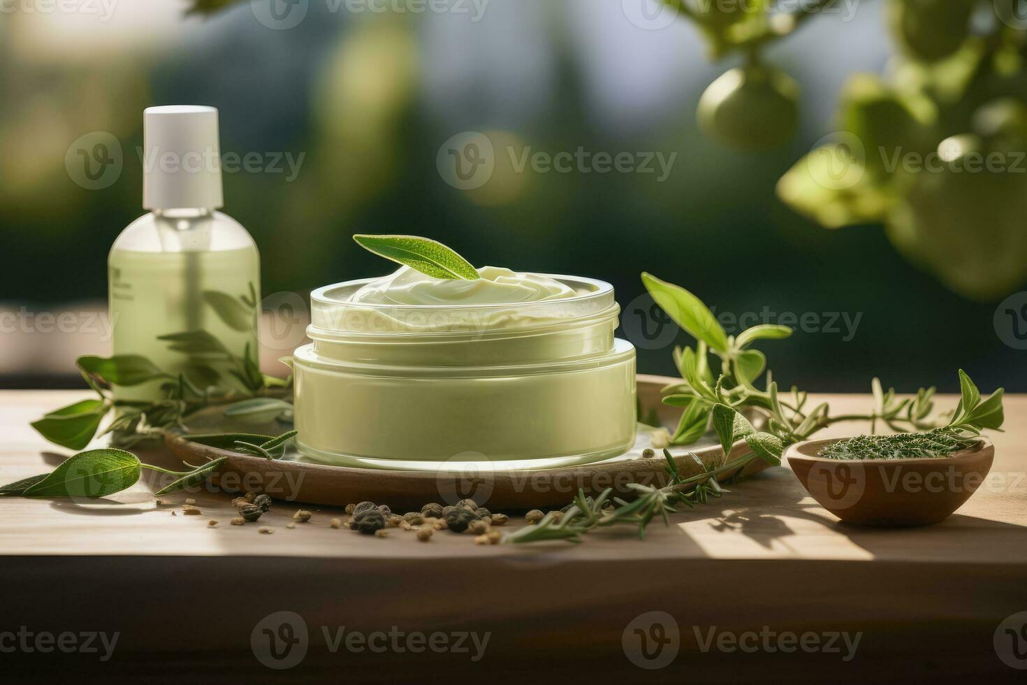 Mockup of cosmetic bottle product, natural ingredients, Generative AI. photo