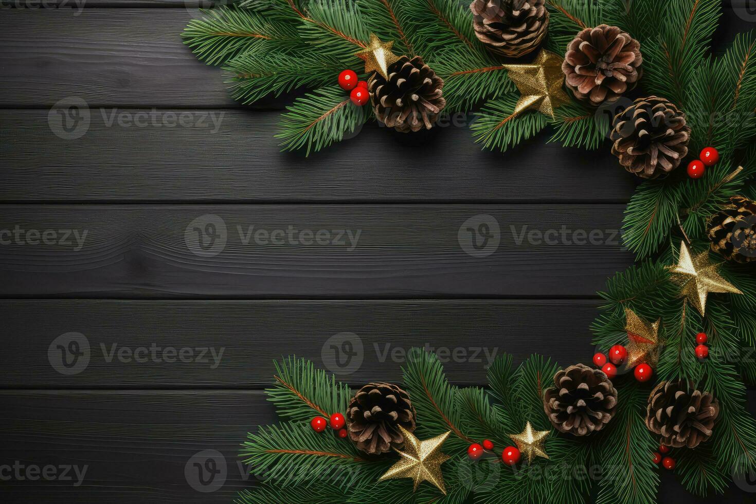 Top view of christmas decoration on wood background, Generative AI. photo