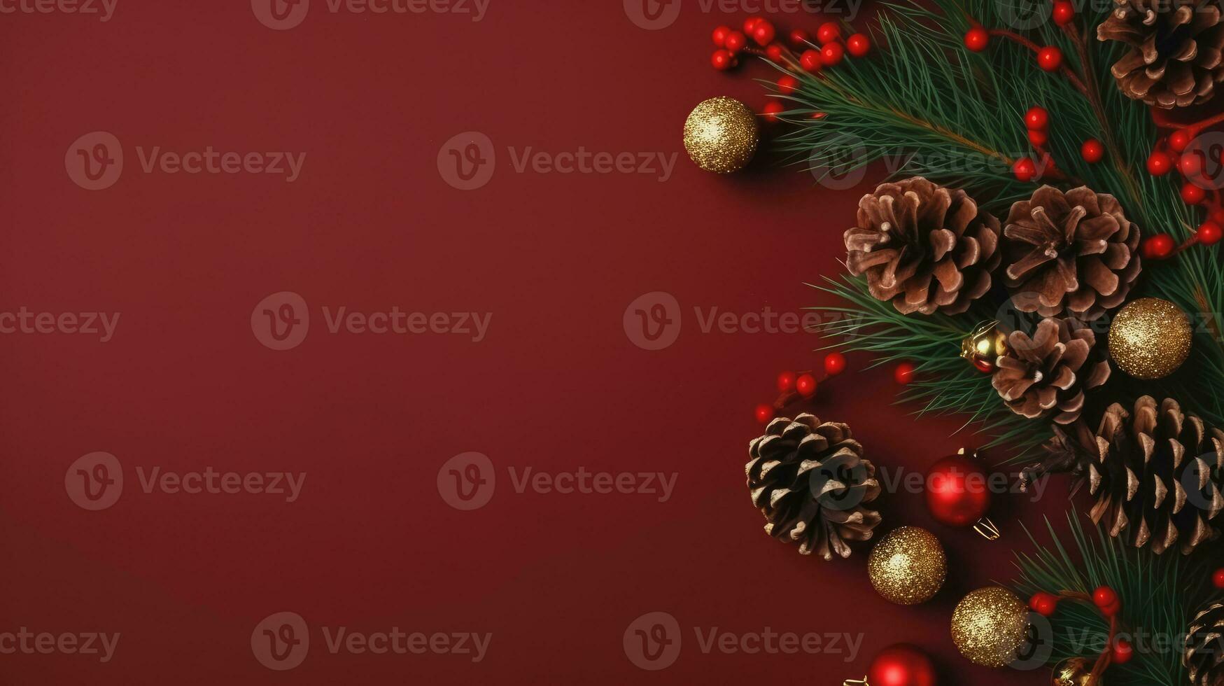 Top view of Christmas decoration on red paper background, Generative AI. photo