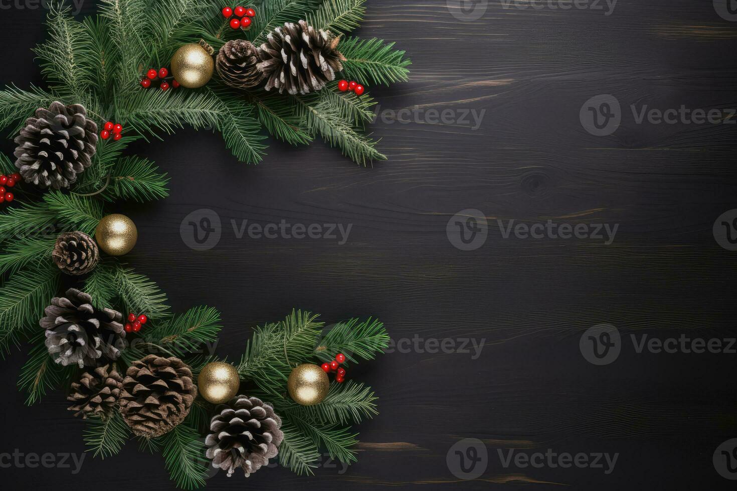 Top view of christmas decoration on wood background, Generative AI. photo