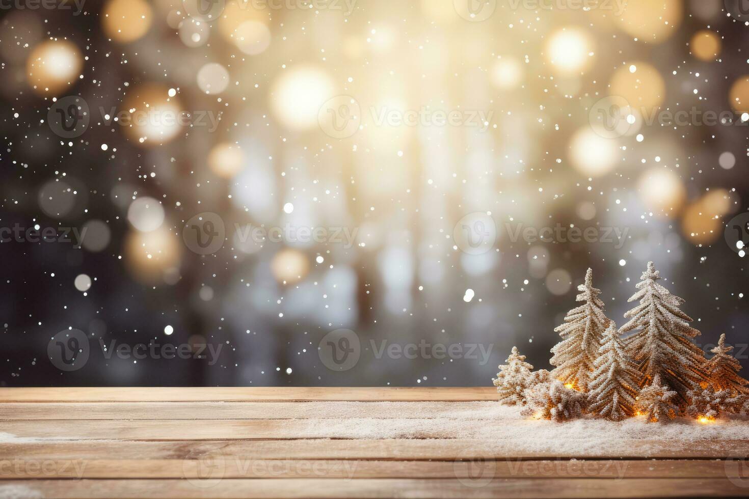Empty brown wooden table and snow blur background, Christmas and New year concept, Generative AI. photo