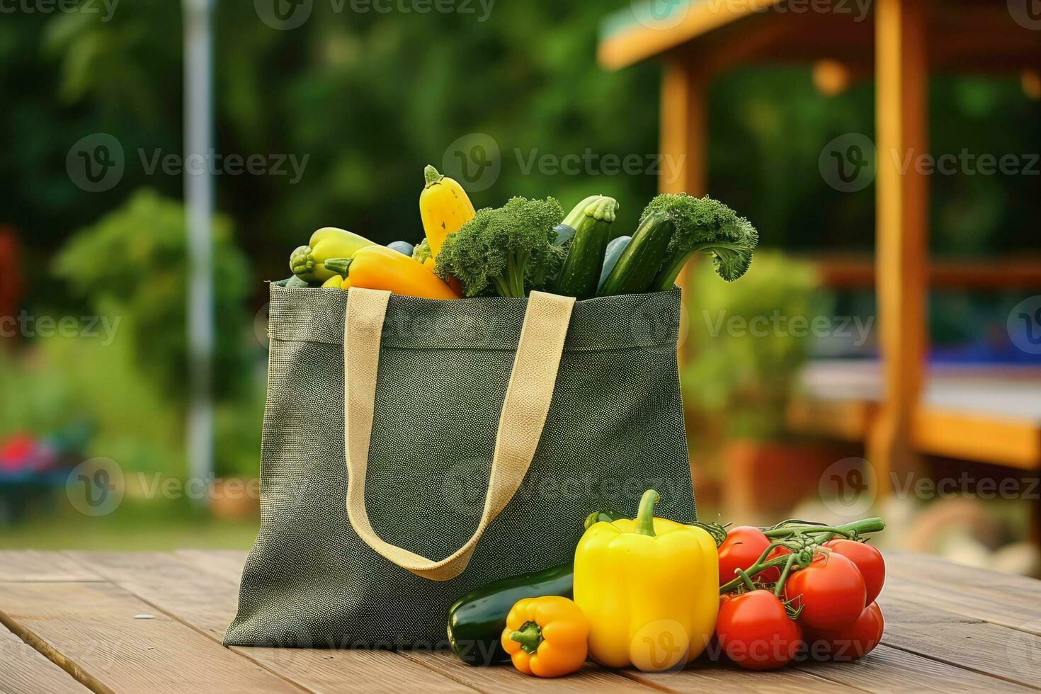 Vegetables and fruits in green cloth bag on the table, Generative AI. photo