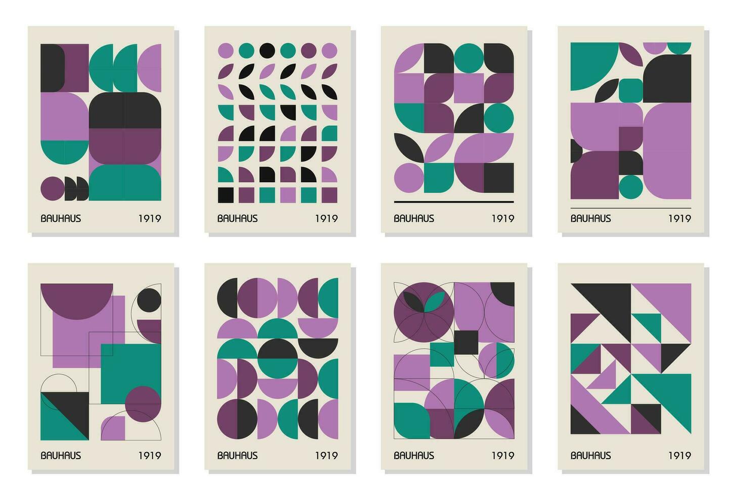 Set of 8 minimal vintage 20s geometric design posters, wall art, template, layout with primitive shapes elements. Bauhaus retro pattern background, vector abstract circle, triangle and square line art