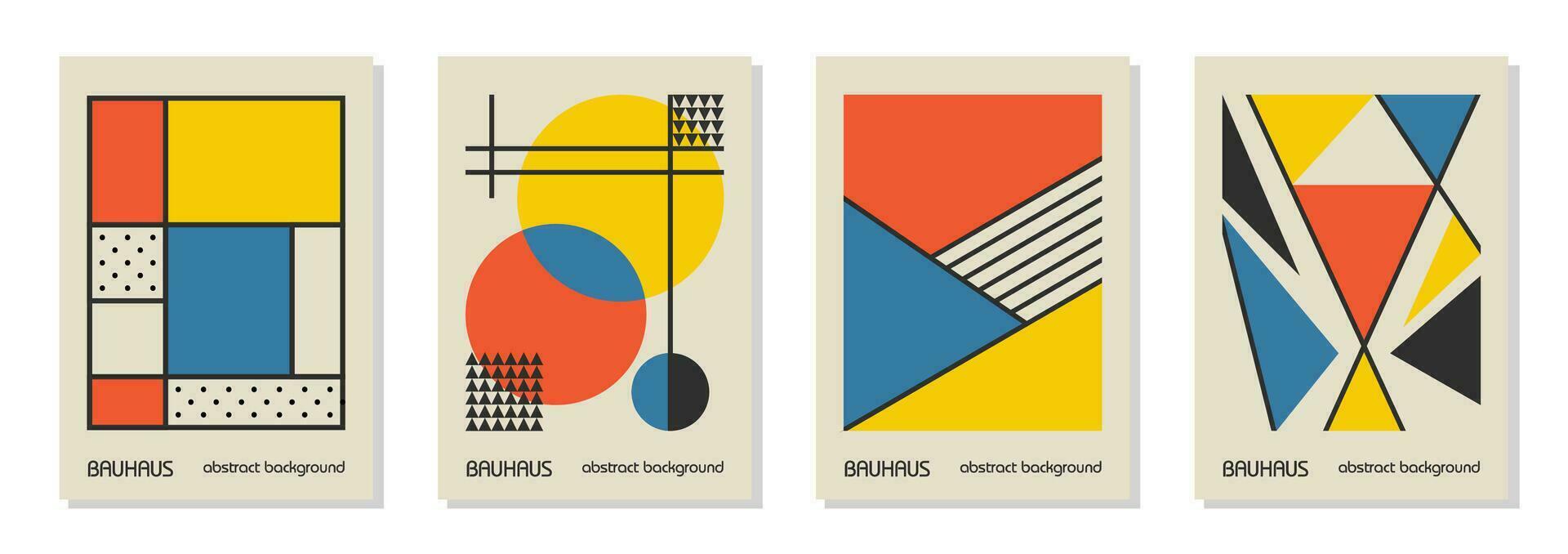 Set of 4 minimal vintage 20s geometric design posters, wall art, template, layout with primitive shapes elements. Bauhaus retro pattern background, vector abstract circle, triangle and square line art