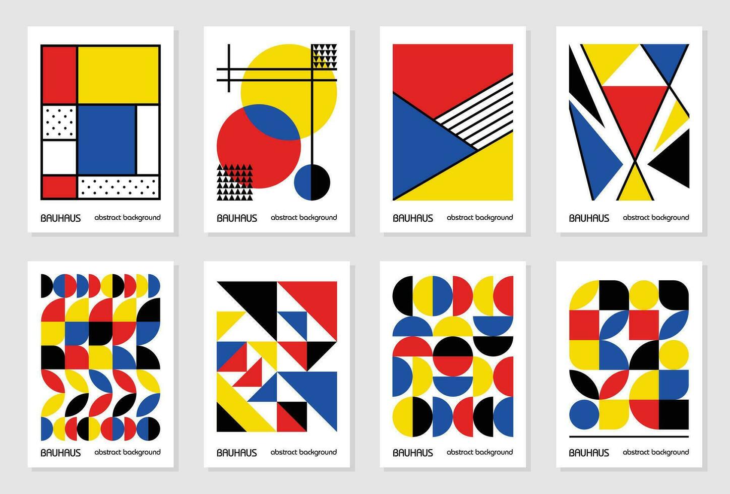 conjunto de 8 afiches de diseño geométrico mínimo de los años 20, arte mural, plantilla, diseño con elementos de formas primitivas. fondo de patrón retro bauhaus, círculo abstracto vectorial, triángulo y arte de línea cuadrada vector