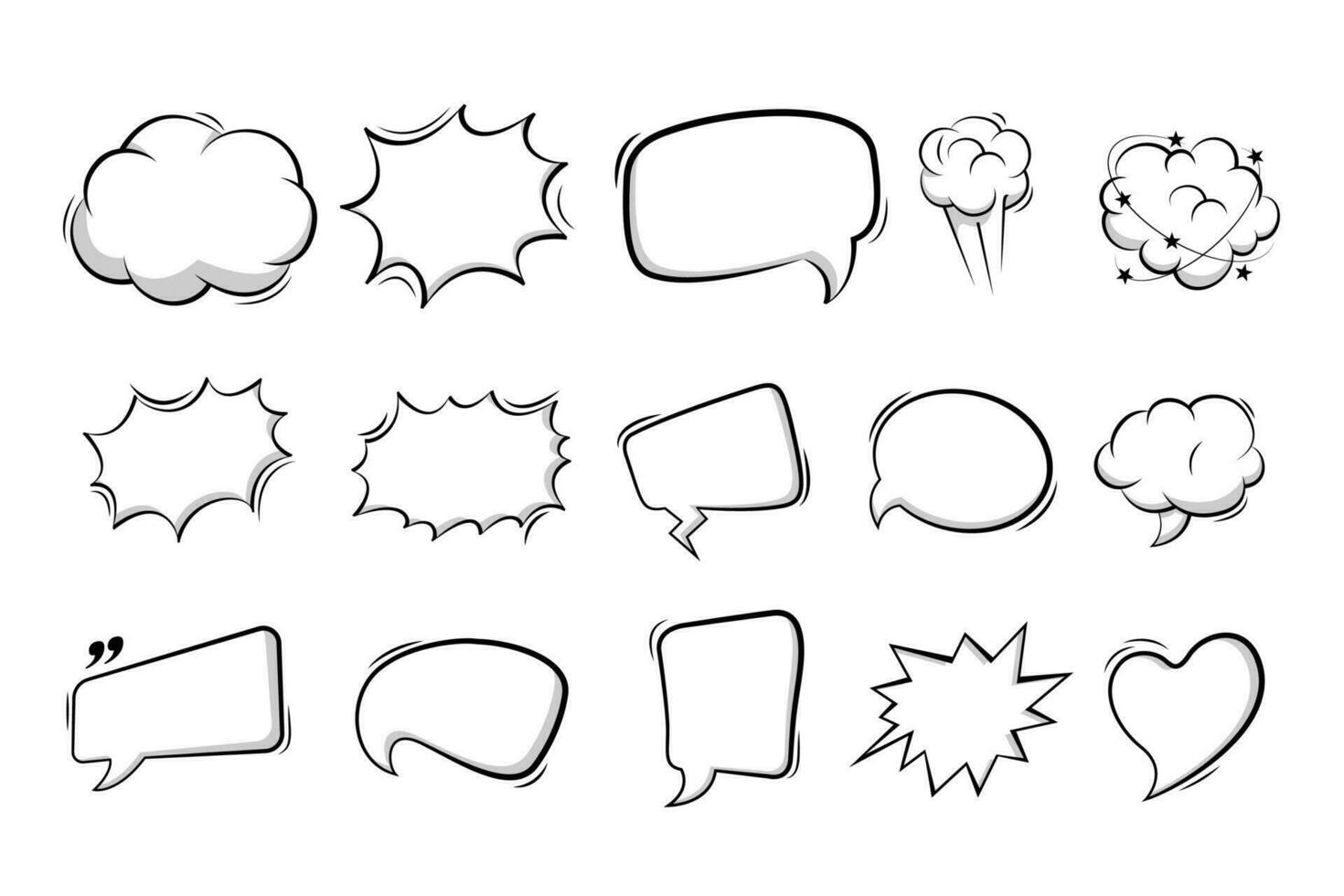 Empty comic speech bubbles background in pop art style. Comic speech bubble stickers with cloud, starburst, text box space, explosion. vector