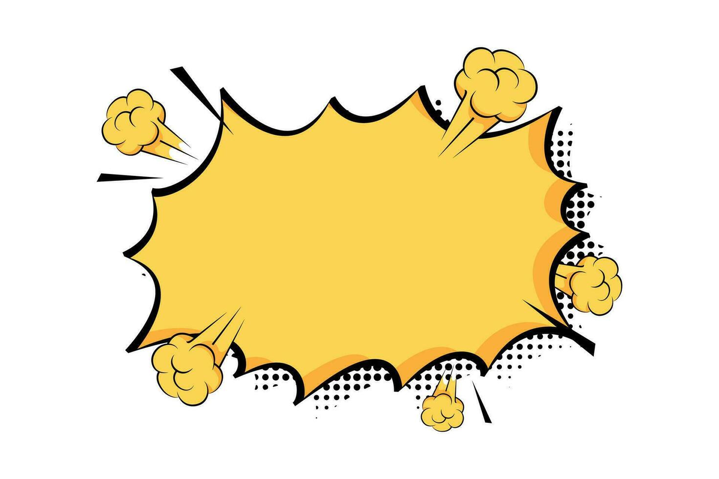 Comic text speech chat bubble explosion pop art style. Starburst comic text speech with halftone shadow vector