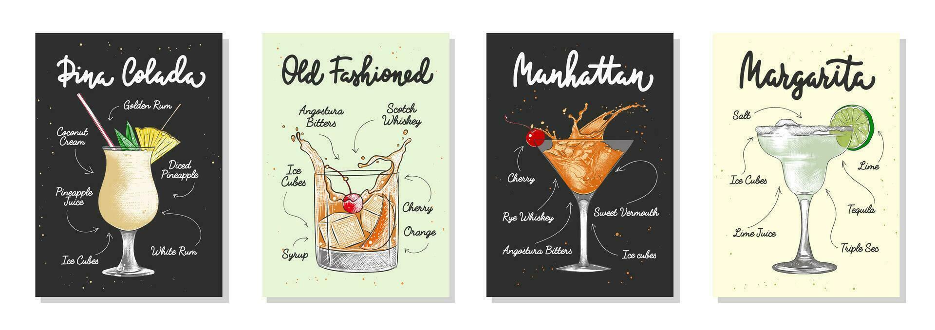 conjunto de 4 4 publicidad receta liza con alcohólico bebidas y ingredientes, cócteles y bebidas letras carteles, pared decoración, huellas dactilares, menú diseño. mano dibujado vector grabado bocetos