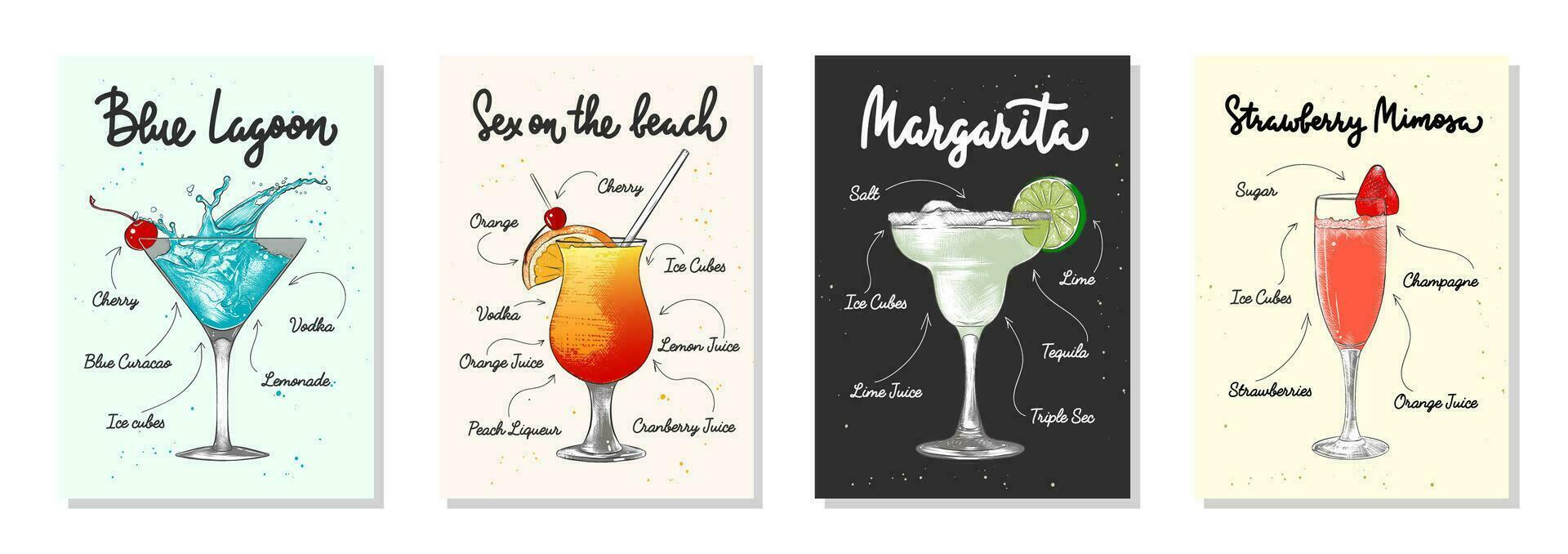 Set of 4 advertising recipe lists with alcoholic drinks, cocktails and beverages lettering posters, wall decoration, prints, menu design. Hand drawn typography with sketches. Handwritten calligraphy. vector
