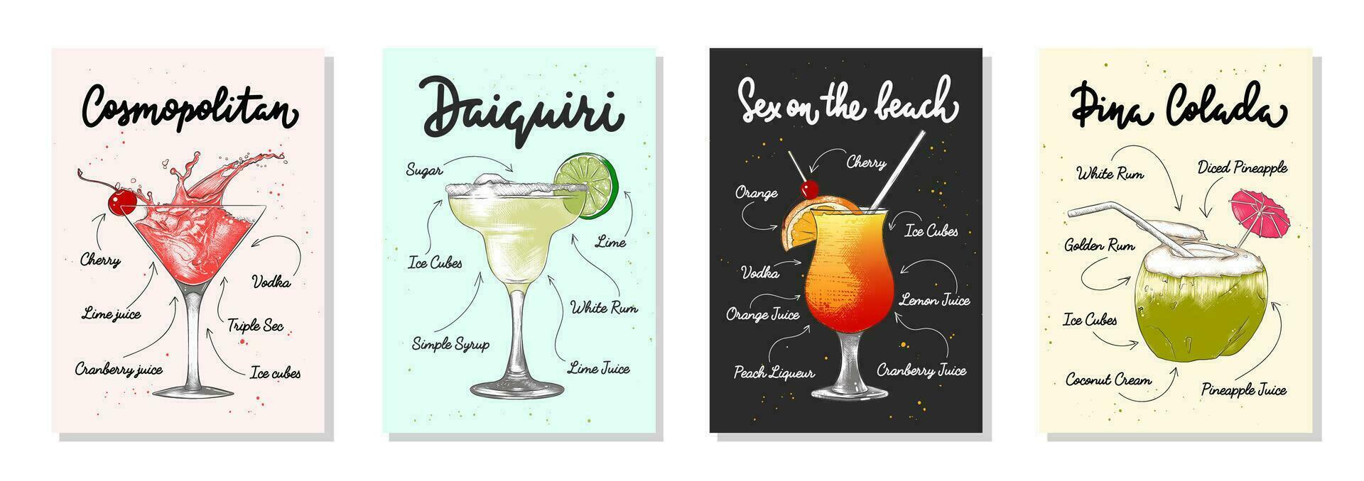 Set of 4 advertising recipe lists with alcoholic drinks, cocktails and beverages lettering posters, wall decoration, prints, menu design. Hand drawn typography with sketches. Handwritten calligraphy. vector