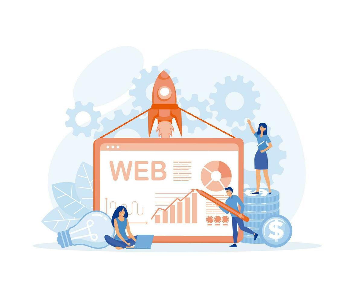 Concept startup launch of a new business, business project start up. rocket launch into space, flat vector modern illustration