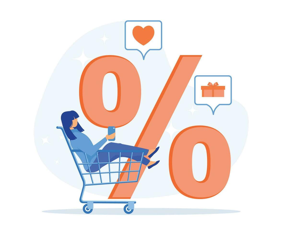 Woman sitting in cart and shopping online, Big discount, gifts and purchases, sales, seasonal sale at store, flat vector modern illustration