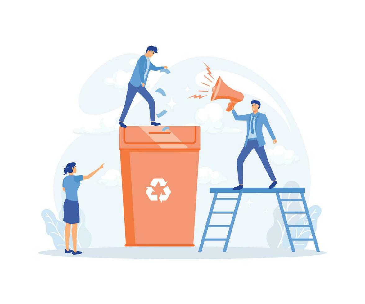Ecology concept, People take care about planet ecology. Earth day. Garbage container with trees, plants and volunteer, flat vector modern illustration