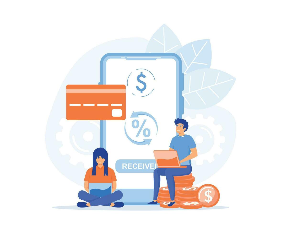 Online cashback concept. Happy people receiving cashback for a buyer. Coins or money transfer from smartphone to e-wallet. Online banking, flat vector modern illustration