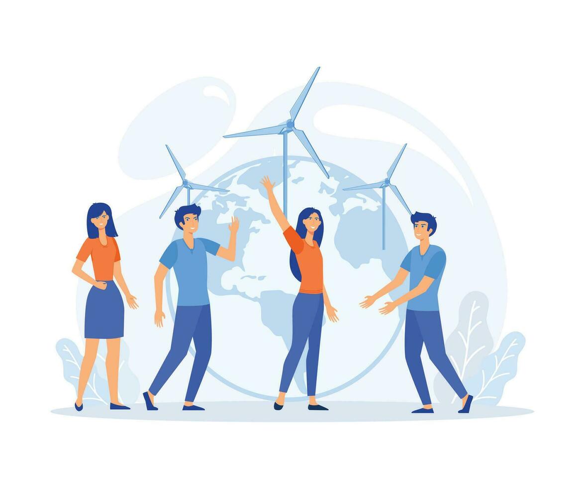 Eco-friendly people with Earth globe, saving planet, protecting and caring about environment. ecology awareness and sustainability. flat vector modern illustration