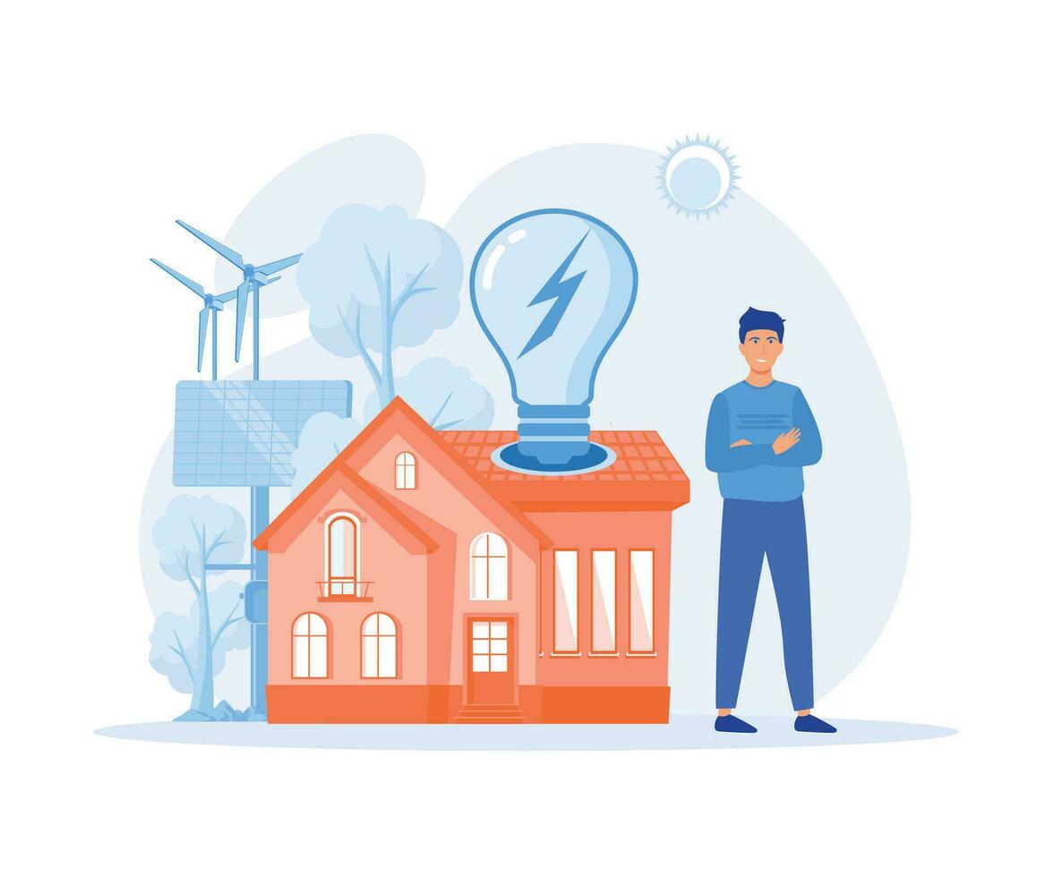 renovable energía y ahorro electricidad concepto. caracteres en pie cerca privado eco casa. plano vector moderno ilustración