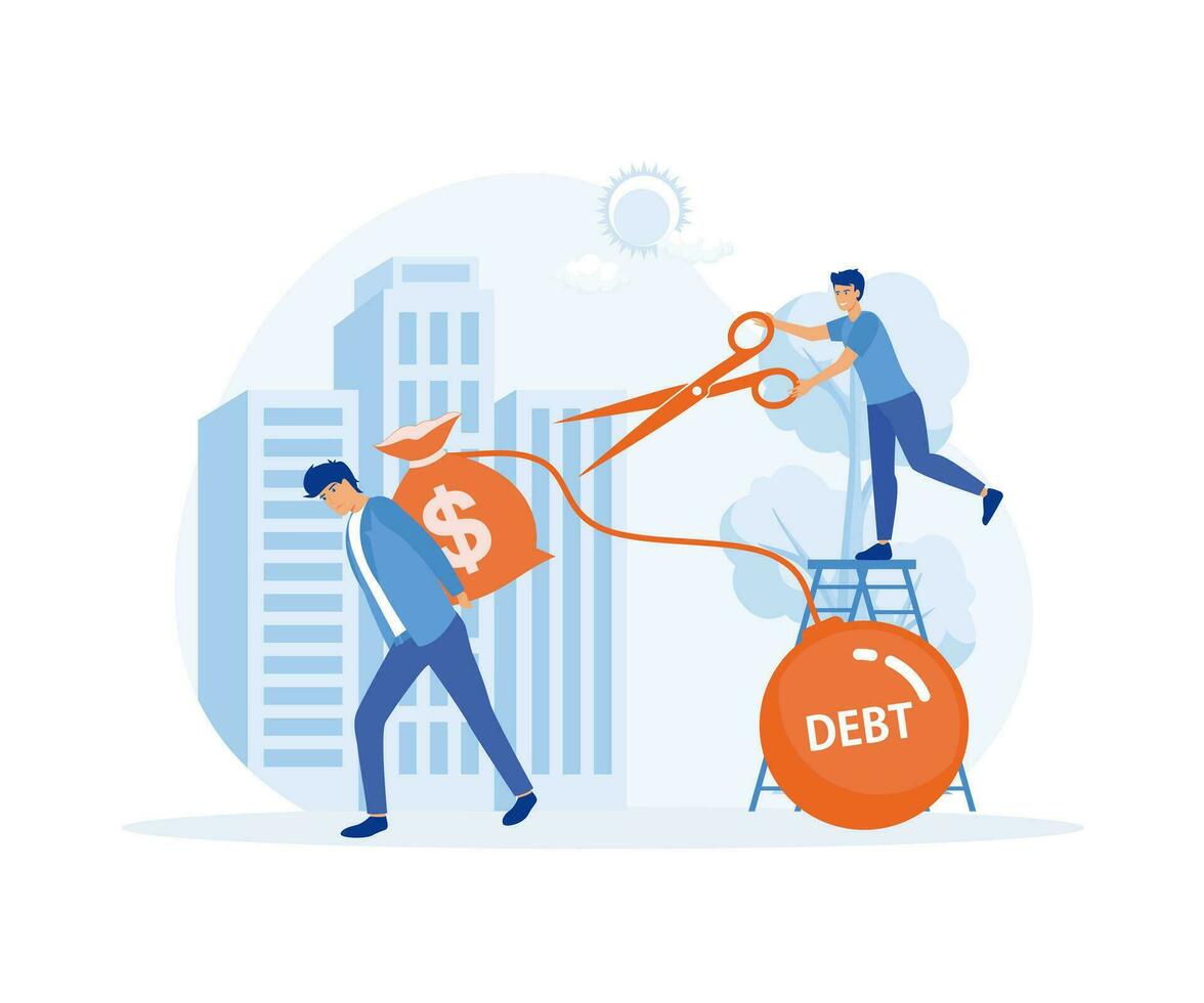 Businessman helped young man get out of debt, Man cuts chain with load with large scissors. monetary obligations. flat vector modern illustration