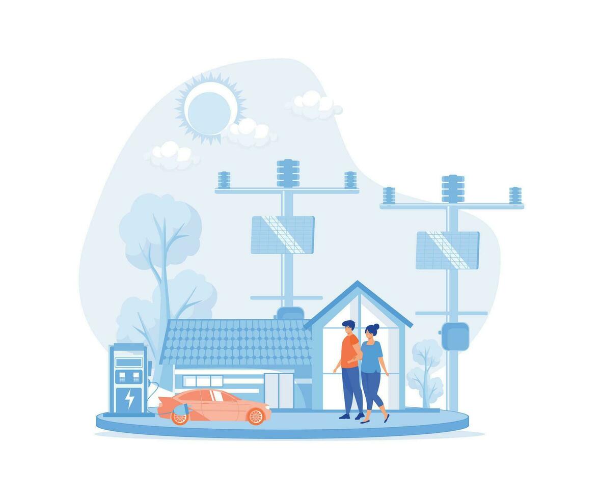 Eco house, Renewable energy. Eco-friendly architecture. Village life. Global Warming, zero waste, flat vector modern illustration