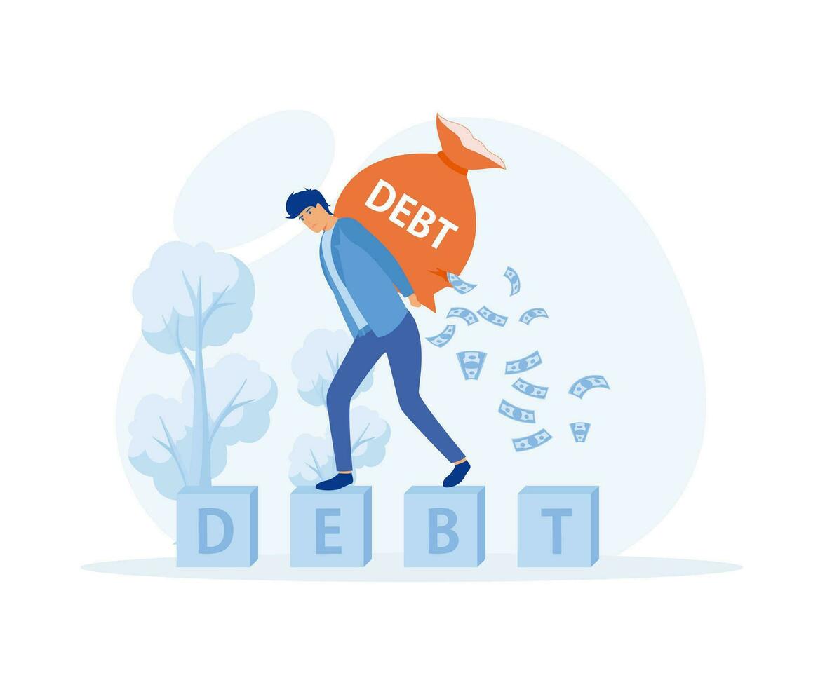Debt burden, financial obligation or loan payment, mortgage or borrowing money problem concept, businessman carrying big debt money bag, flat vector modern illustration