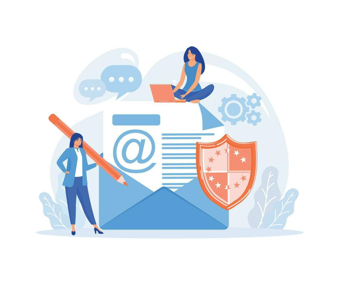 Private messages, email encryption, confidential information protection. Group of people stand near big envelope, letter, shield, flat vector modern illustration