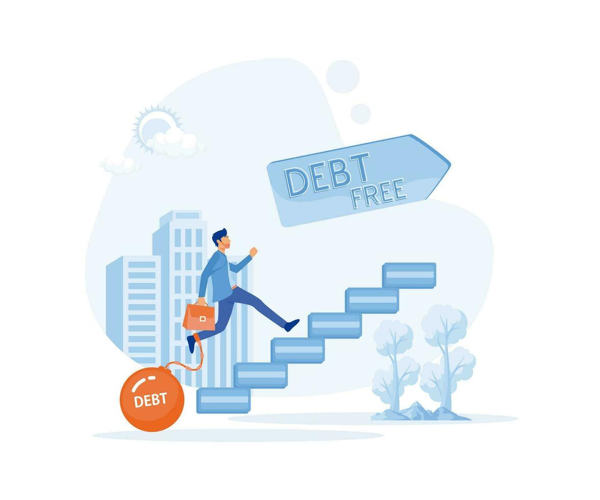 Debt Free concept, Businessman in face mask tied by a burden with debt text and walking toward debt free sign, flat vector modern illustration