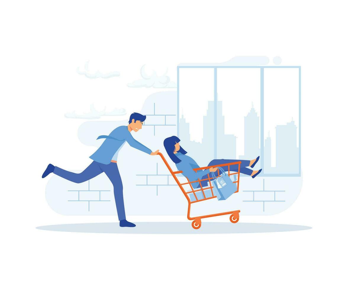 Big sale shopping, consumerism, customer enjoy buying or purchasing goods, flat vector modern illustration
