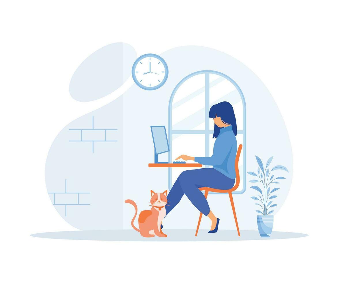 mujer trabajando desde hogar y hablando con colegas en línea. mujer sentado a escritorio en habitación, mirando a computadora pantalla, hogar oficina, plano vector moderno ilustración