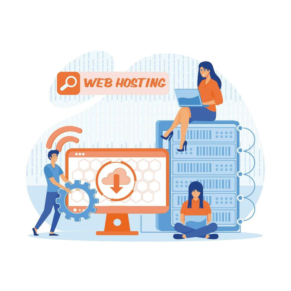 Web hosting. Concept of cloud computing, online database, technology, security, computer, web data center, server. flat vector modern illustration