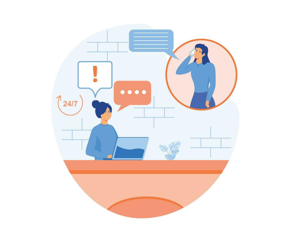 Girl in headphones communicates with client. Technical support for customers 24-7. flat vector modern illustration