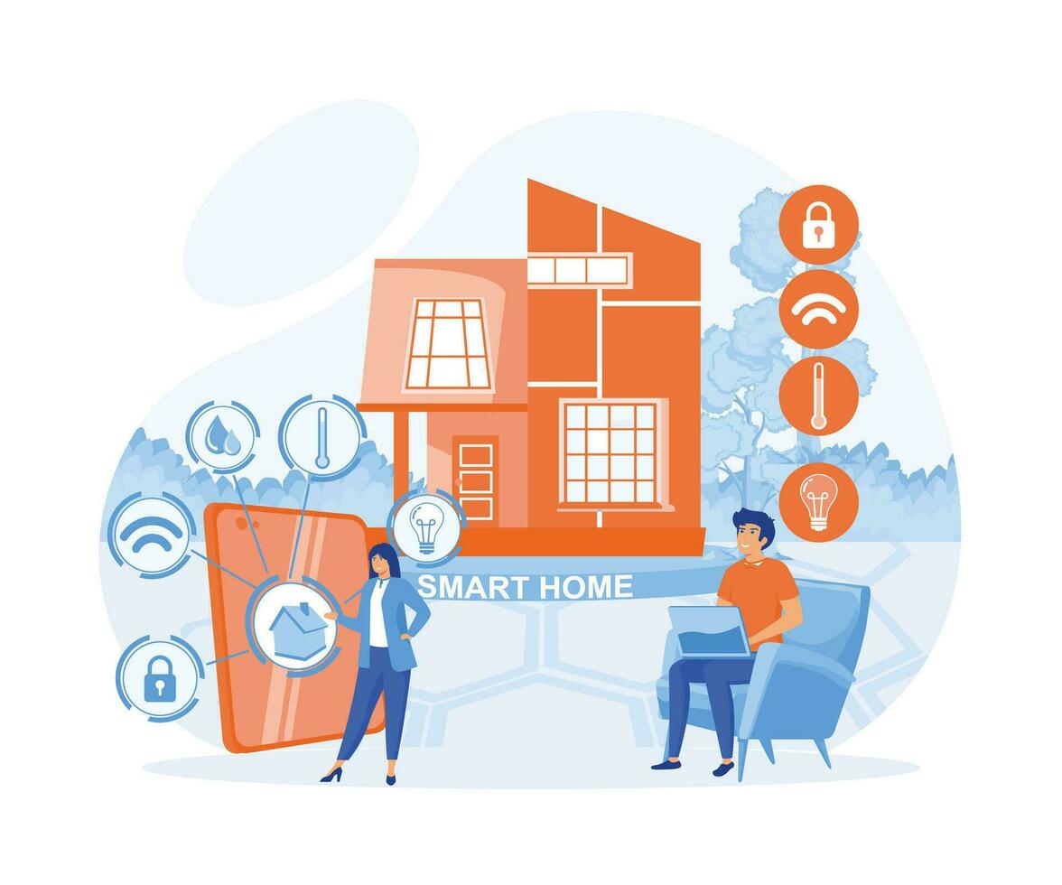 Business people controlling smart house devices with tablet and laptop. flat vector modern illustration