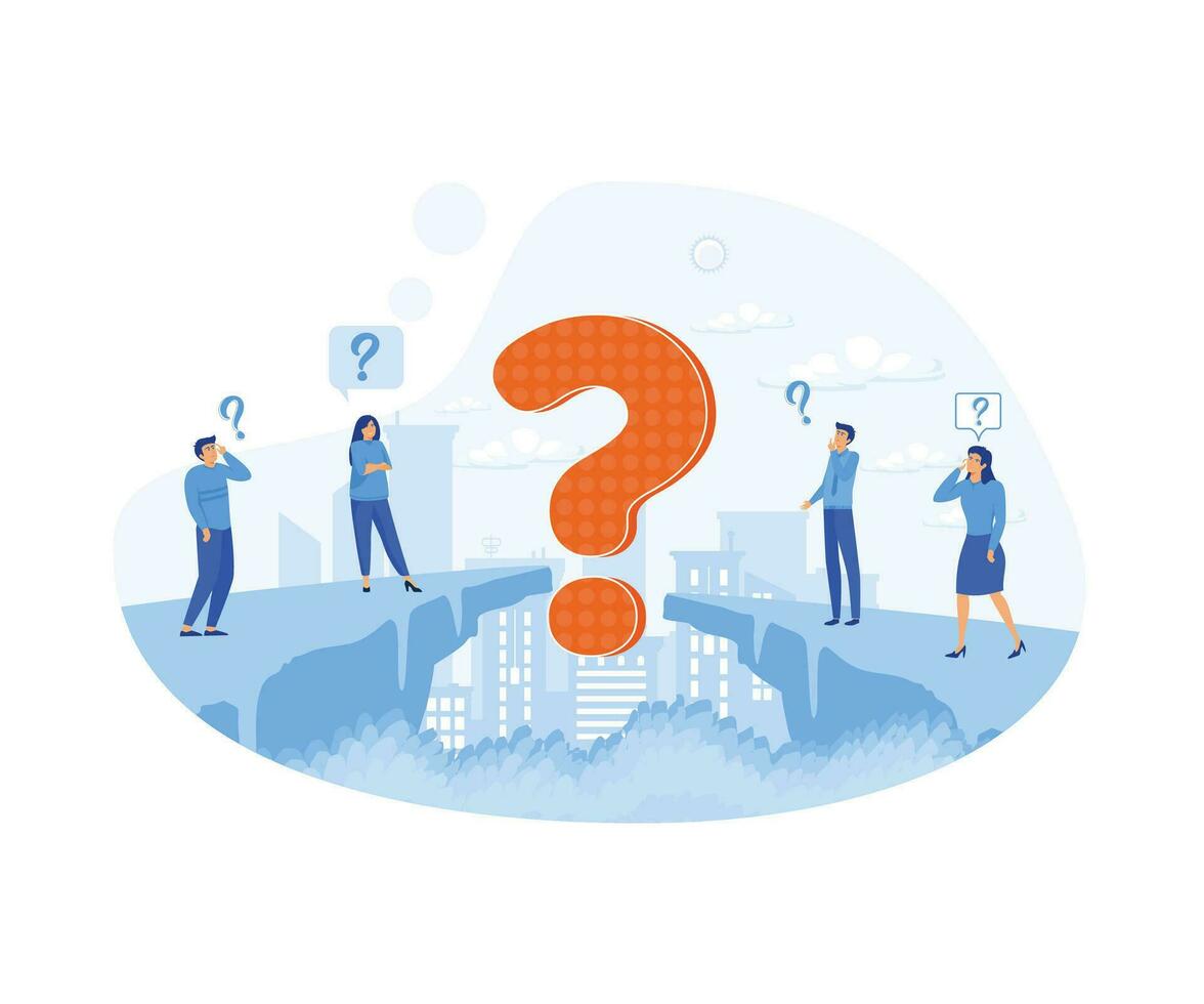 Business people asking questions around a huge question mark. flat