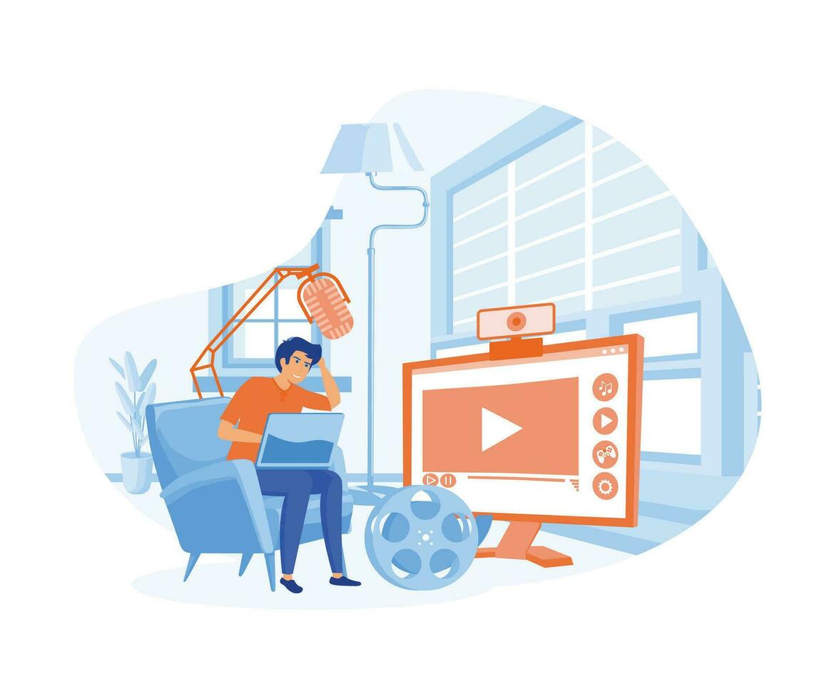 vídeo vlogger producción, contenido creador aterrizaje página sitio web. plano vector moderno ilustración