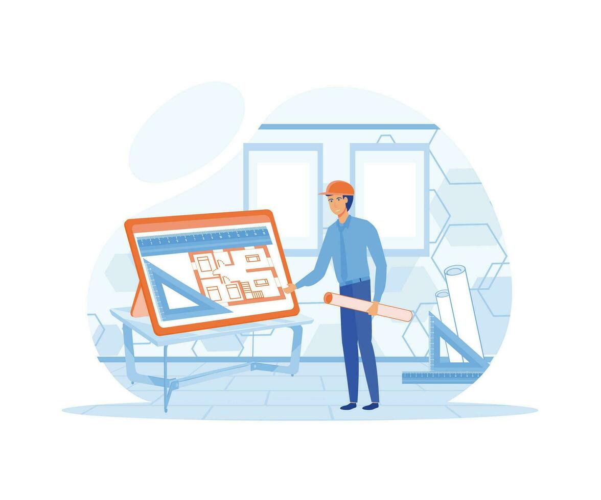 Man Architect Creator Drafting Flat Cartoon Vector Illustration. flat vector modern illustration