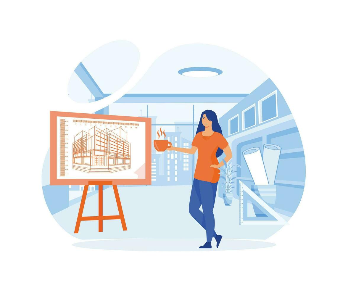 Architect female house project blueprint drawing work tiny person concept. flat vector modern illustration