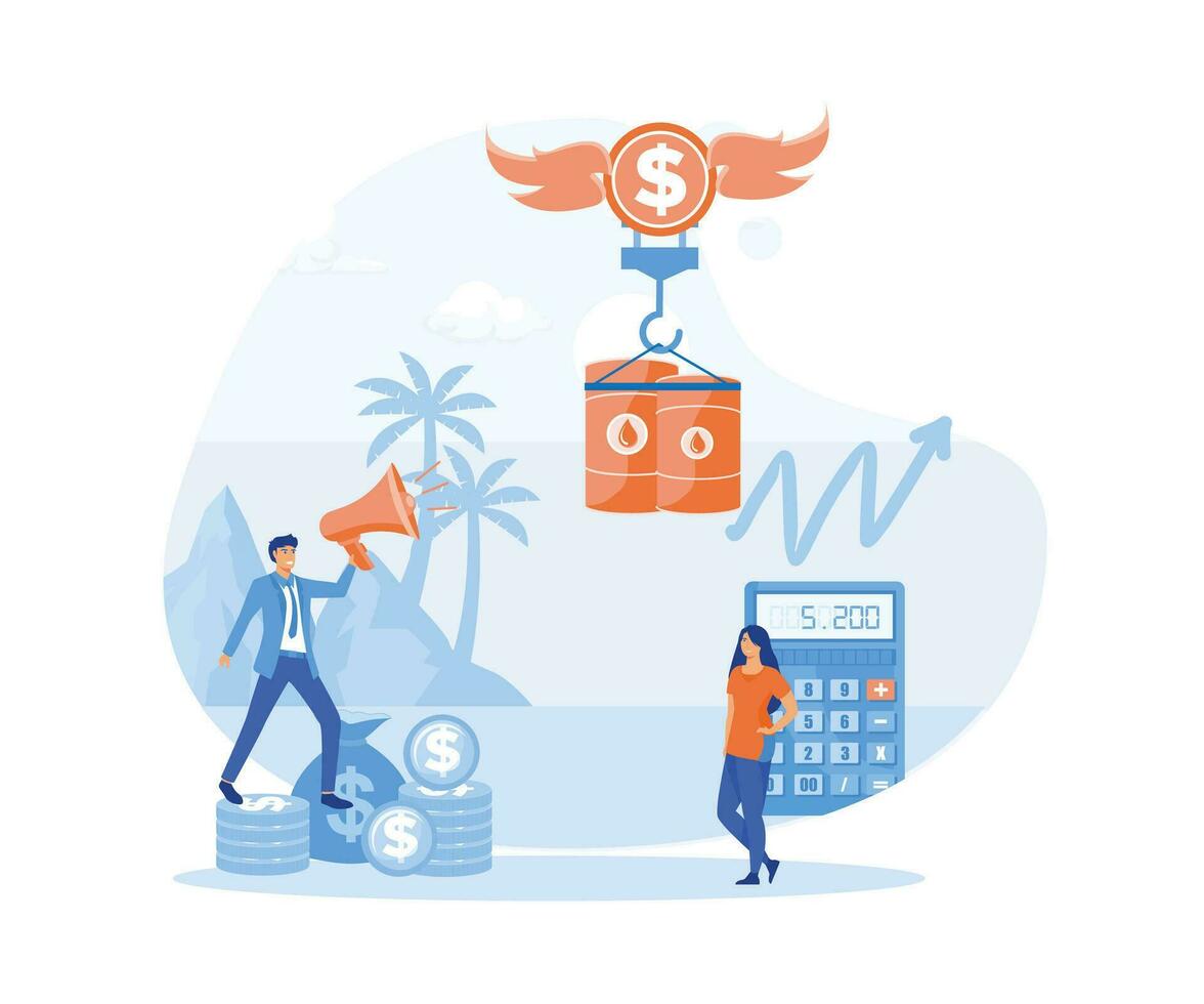 tiny people standing on pile of money coins, gold dollar balloon rising barrel high, global increase and management of crude oil cost in stock market. flat vector modern illustration