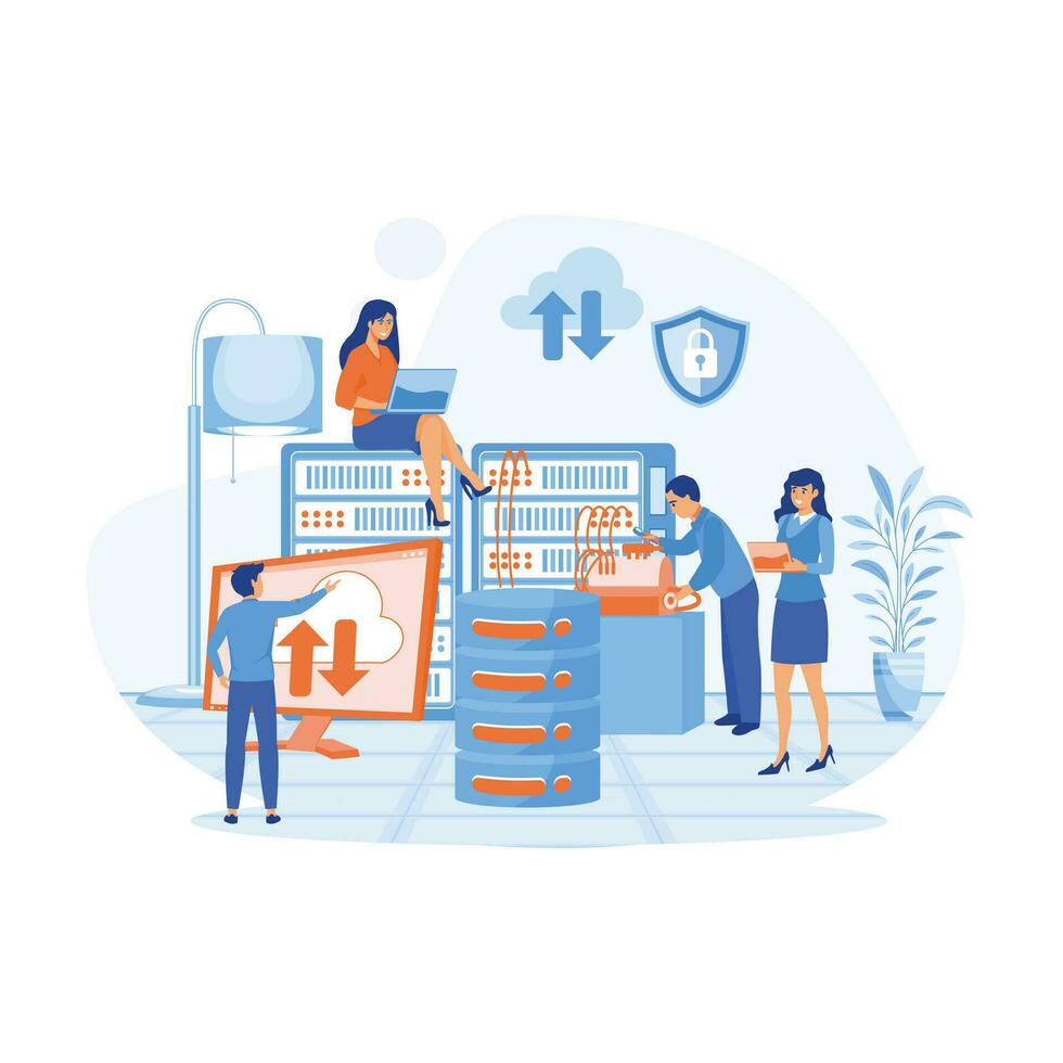 System administrator upkeeping server, adjusting network, PC hardware. flat vector modern illustration