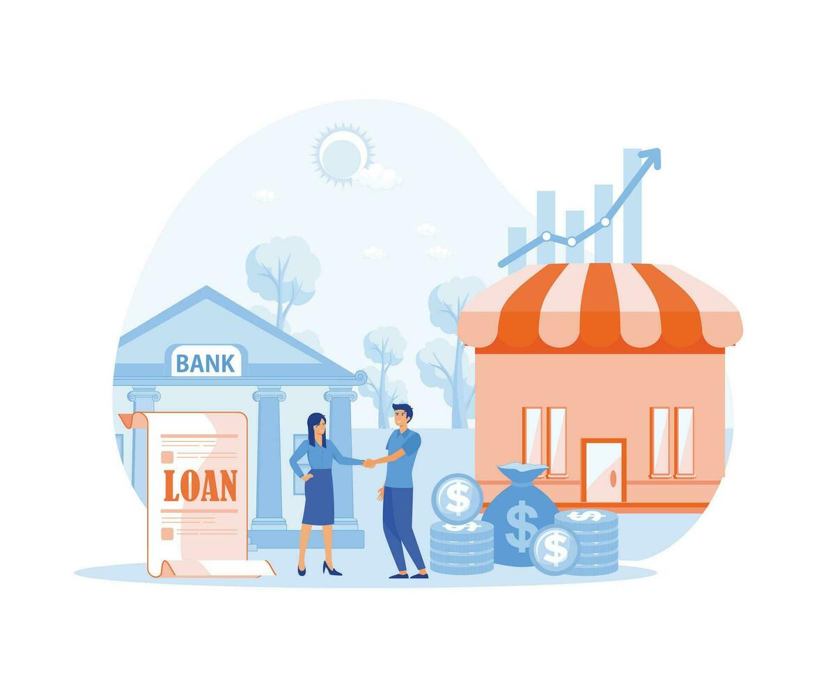 illustration of a businessman borrowing or owing money in the bank to improve his business. the concept of cooperatives, money lending services, agreements, pawnshops. flat vector modern illustration
