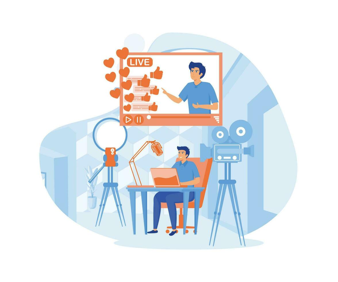 Man video blogger with copy space. Streamer, vlogger flat character. flat vector modern illustration