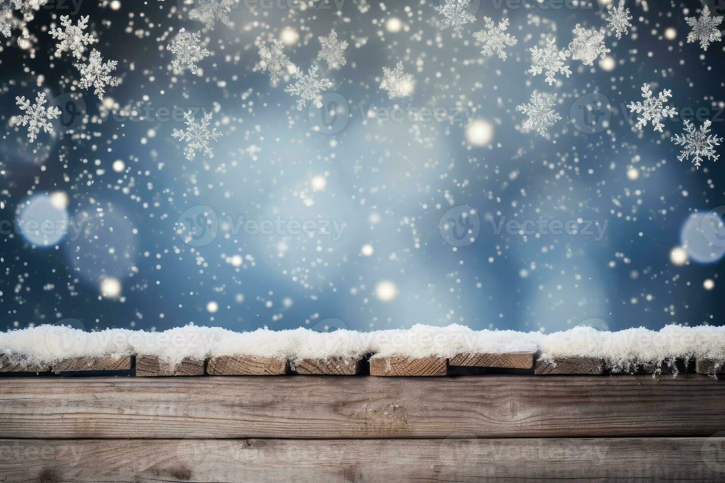 Empty brown wooden table and snow blur background, Christmas and New year concept, Generative AI. photo