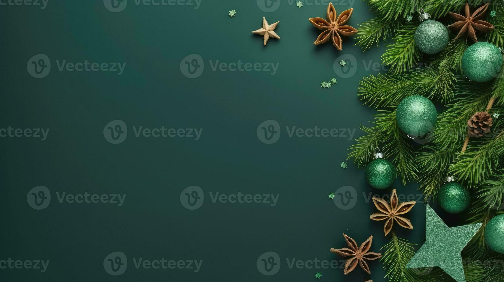 Top view of christmas decoration on wood background, Generative AI. photo