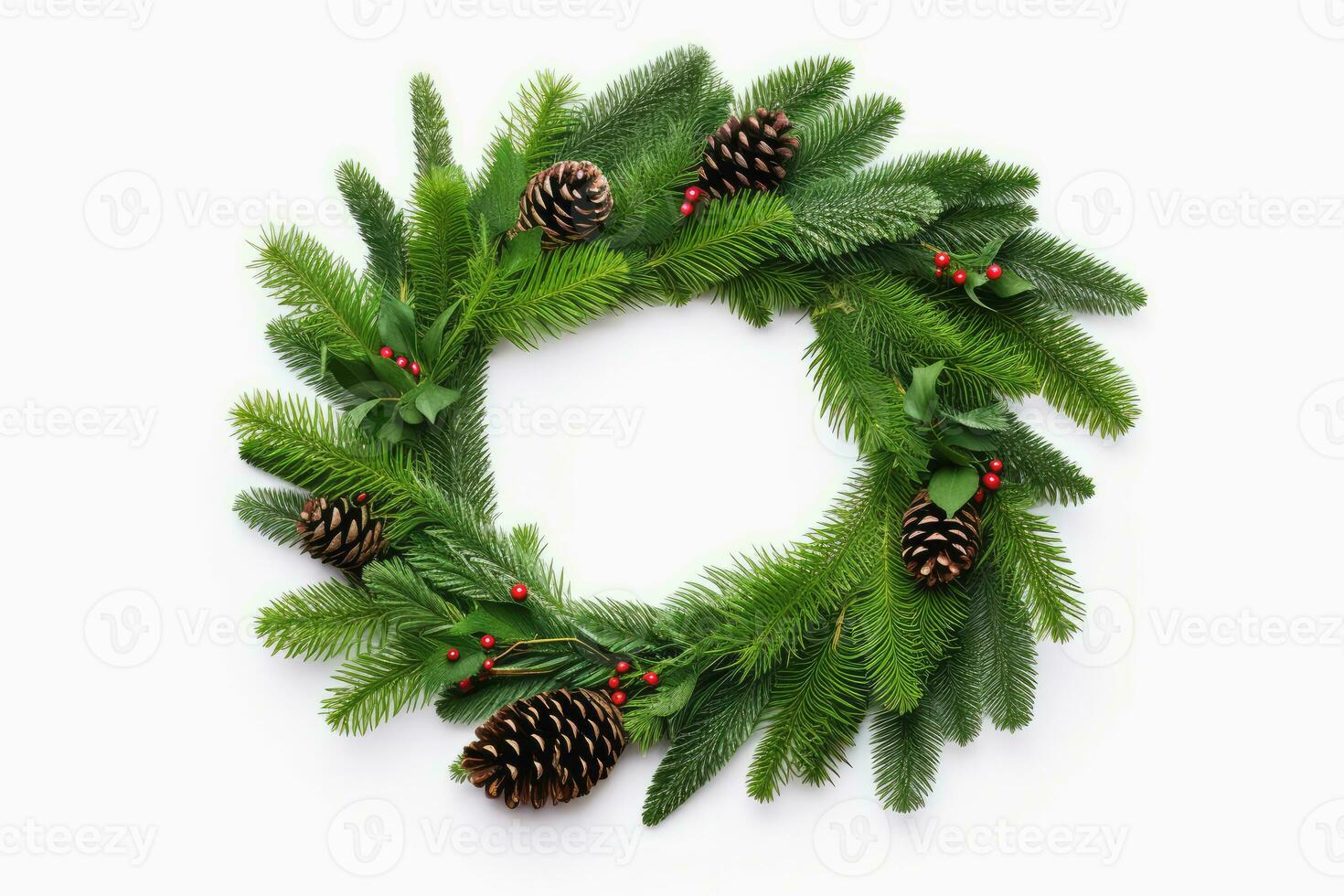 Top view of Christmas Wreath on white background, Generative AI. photo